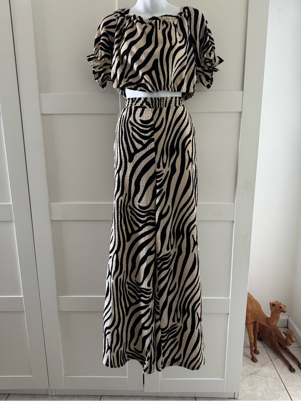 Bar III Black and Beige Zebra-Print Wide-Leg Jumpsuit Set